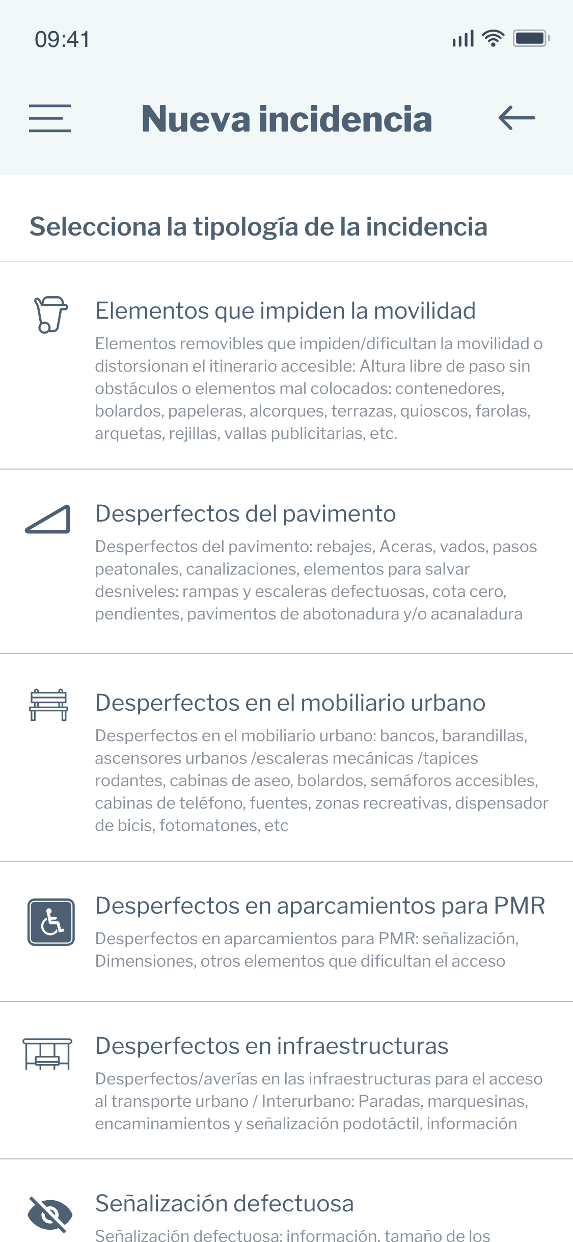 Imágen de muestra de la app para móviles - Selección de tipologías de incidencia